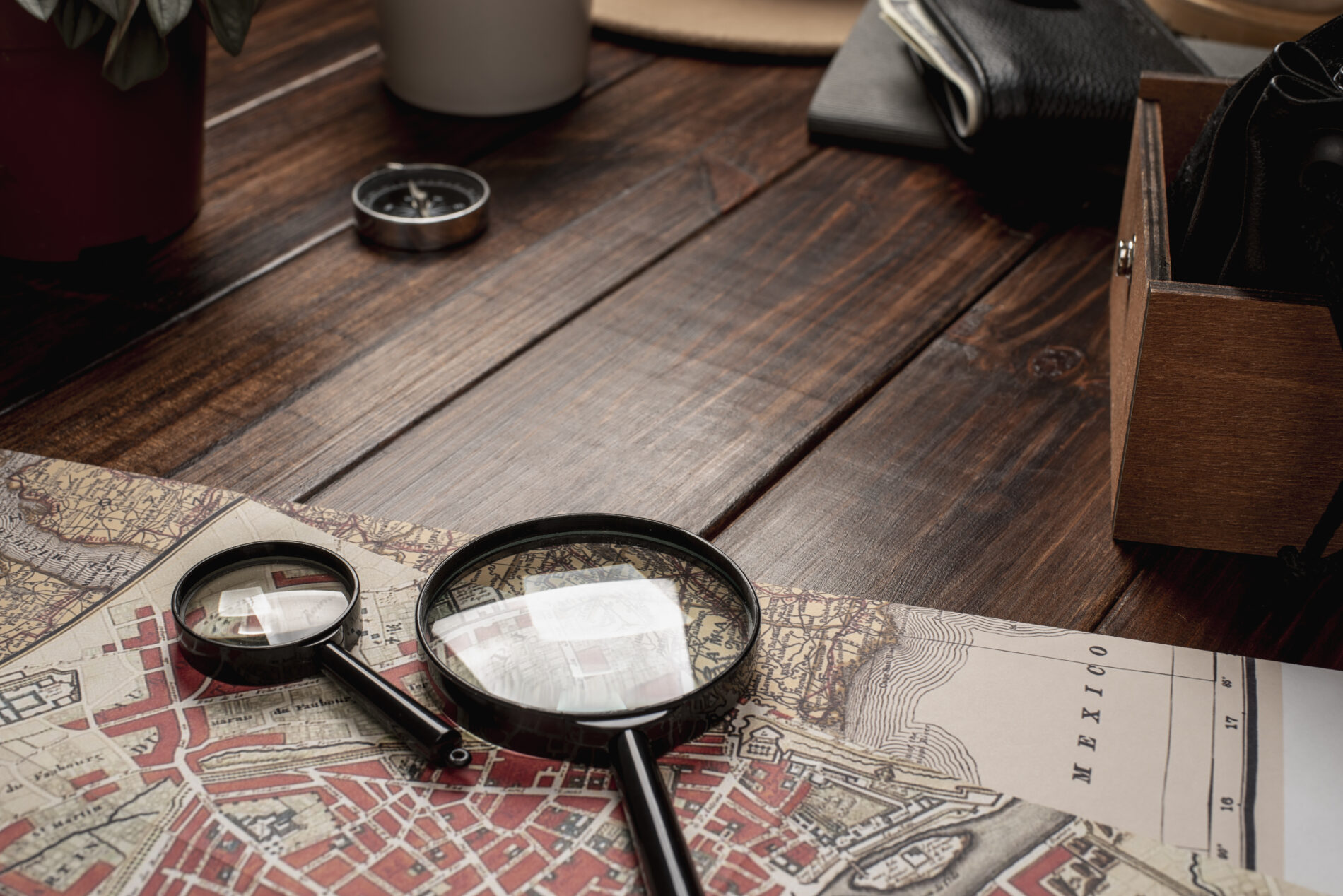 view world travel map with magnifying glass